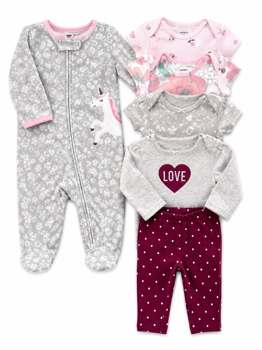 Carter’s Baby Girl 6 Month Clothing Bundle Unicorn Sleeper Floral Bodysuits